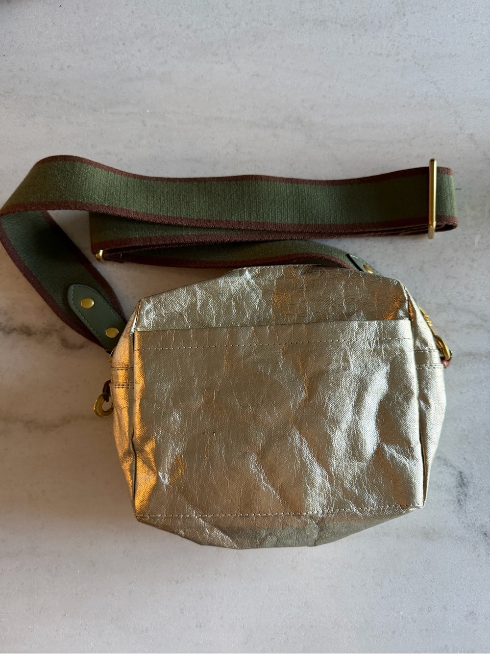 Metallic Gold Crossbody Belt Bag with Olive-Trim Strap